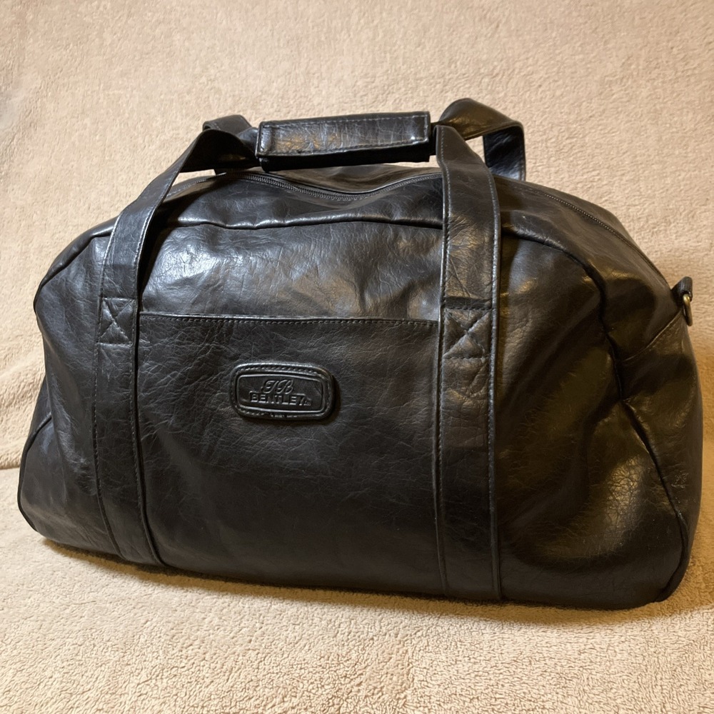 Vintage TR Bentley Black Faux Leather Duffle Purse Over Night Bag Handles Unisex